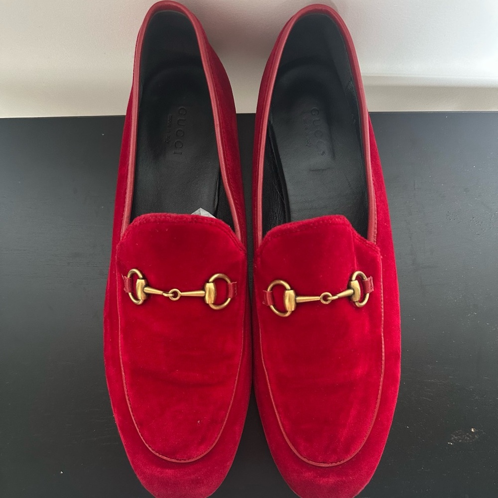 Gucci Red Velvet Horsebit Loafers with Gold Accents